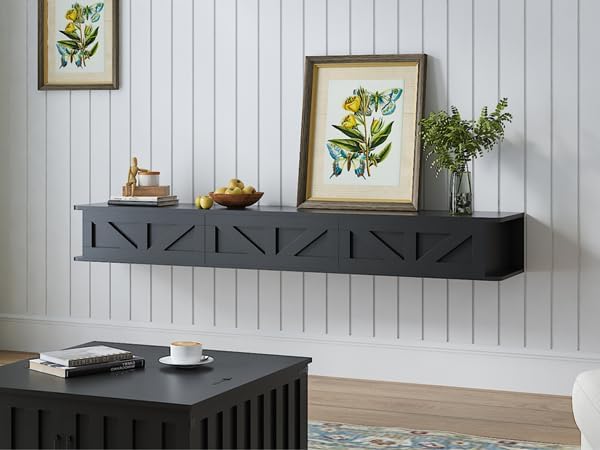 Black Floating TV Stand for 43 55 65 70 inch TV, Entertainment Center Media TV Console Shelf and Storage Drawers for Wall for Living Room Bedroom
