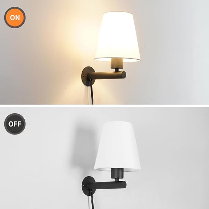 Black Plug in Wall Sconces Set of Two, Wall Lamp with Plug in Cord On/Off Switch, Black Wall Sconce Light Plug in, Bedside Wall Mounted Light with Fabric Linen, Wall Decor for Bedroom Living Room