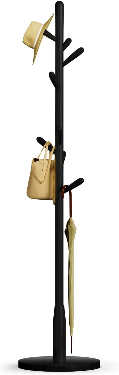Solid Wood Round Base Coat Rack, Free Standing Hall Coat Tree with 8 Hooks（+2 spare for Coats, Hats, Bags, Purses, for Entryway, Hallway, Rubberwood Hooks,Base and Pole(Round Base,Black)