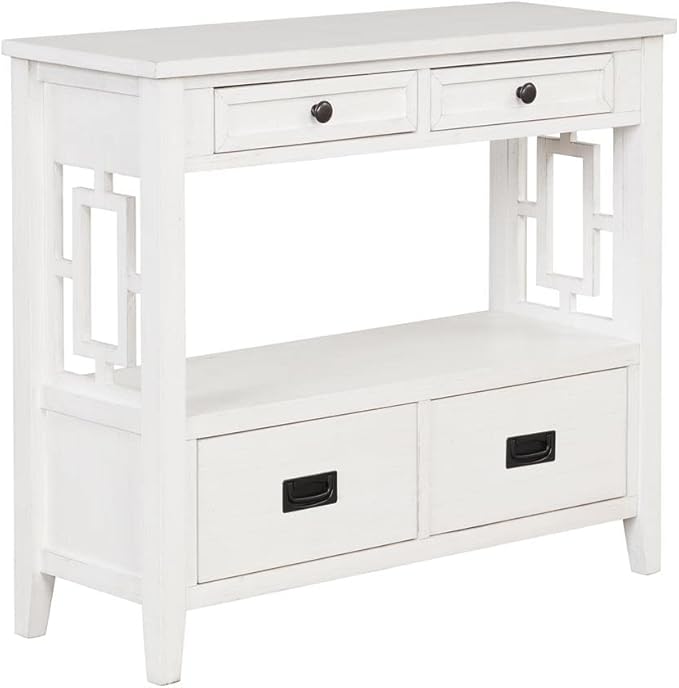 36 Inch Country Farmhouse Console Table with 4 Drawers and 1 Storage Shelf Pine Wood Suitable for Entryway Entrance Living Room Bedroom Hallway Kitchen (Antique White)