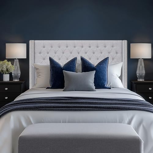 Madison Park Amelia Upholstered Headboard | Nail Head Trim Wingback Button Tufted | King, Grey