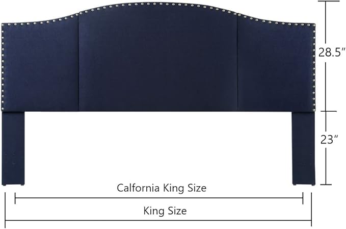 24KF Middle Century Linen Upholstered Tufted King Size Headboard with Antique Brass Nail Heads Trim King/California King headboard-Navy Blue
