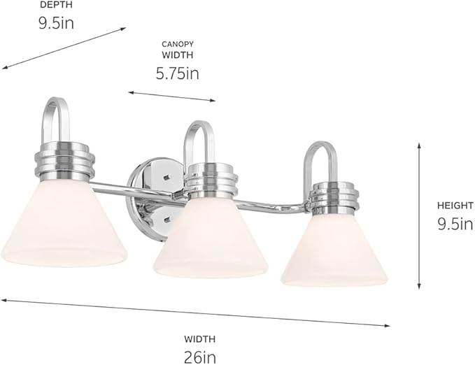 KICHLER Farum 26" 3-Light Vanity Light with Opal Glass in Chrome, for Single or Double Vanity, Over a Mirror, Powder Room, Bathroom, (26" W x 9.5" H), 55155CH