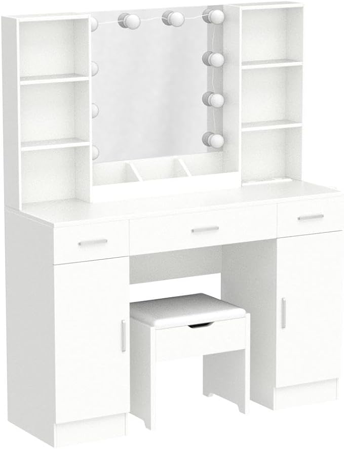 Vabches Makeup Vanity Table with Lighted Mirror & Power Strip, Large Vanity Set Vanity Desk with Lots Storage, 3 Lighting Modes, Brightness Adjustable, 45.2in(L)