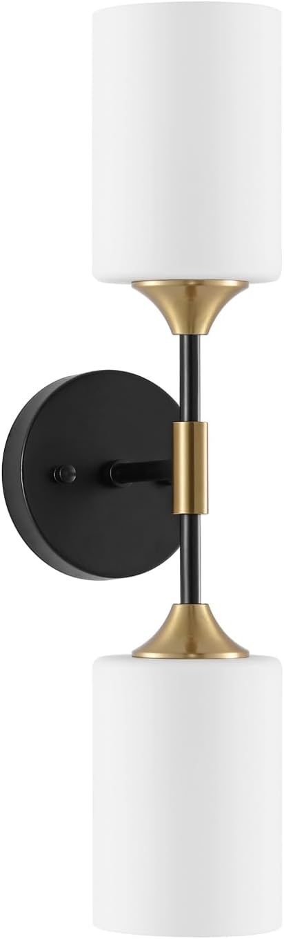 Industrial Mid Century Wall Sconce 2-Lights with White Cylinder Glass Shades Modern Bathroom Vanity Wall Lamp Matte Black and Gold Brushed Brass Finished Wall Light Fixture