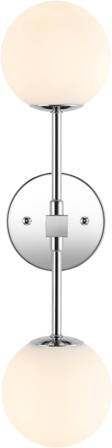 Modern Wall Sconce 2-Lights Industrial Mid Century Bathroom Vanity Wall Light with White Globe Glass Lampshade Brushed Chrome Finished Lighting Fixture (Chrome Color)
