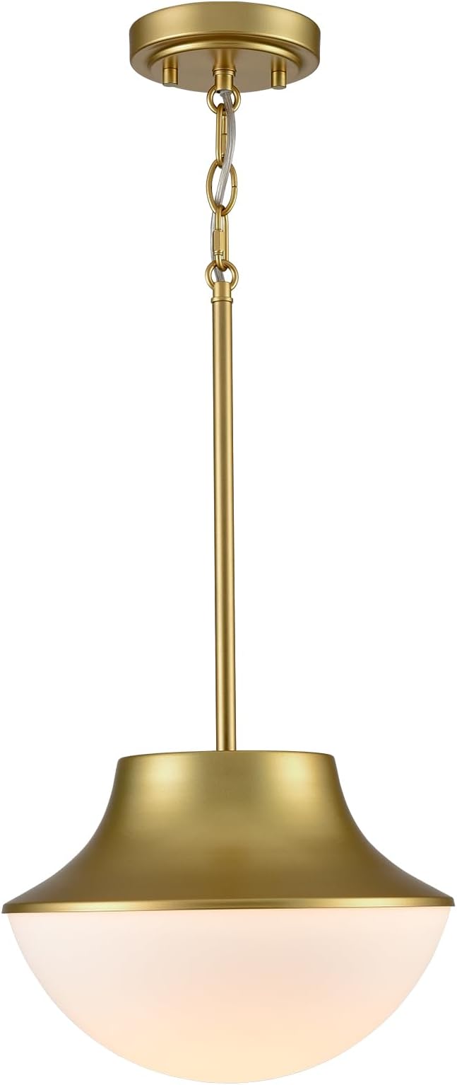 Mid Century Modern Pendant Light Fixture 11.02" Brass Gold Yellow Pendant Light Kitchen Island with Milk Glass White Bowl Shade Over Sink Bathroom Dining Room Foyer