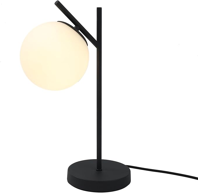 Mid Century Modern Table Lamp Contemporary White Glass Globe Table Lamp Vintage Nordic Desk Lamp Metal Nightstand Lamp for Office Study Room Bedroom(H19.2)