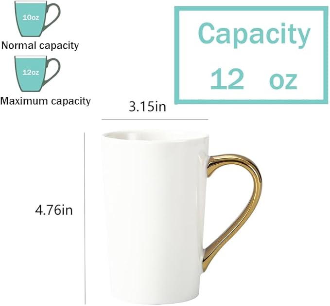 Porcelain Coffee Mugs, 12 Ounce, Set of 6, White | Hot Tea | Cappuccino | Mocha | Cocoa | Cups for Latte