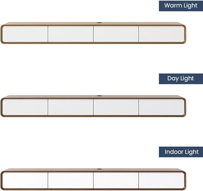 POVISON Fully-Assembled Minimalist Floating TV Stand, Modern Wall-Mounted Entertainment Center with 4 Flip-Down Cabinet Doors, Solid Wood, Walnut Veneer & White, 94"