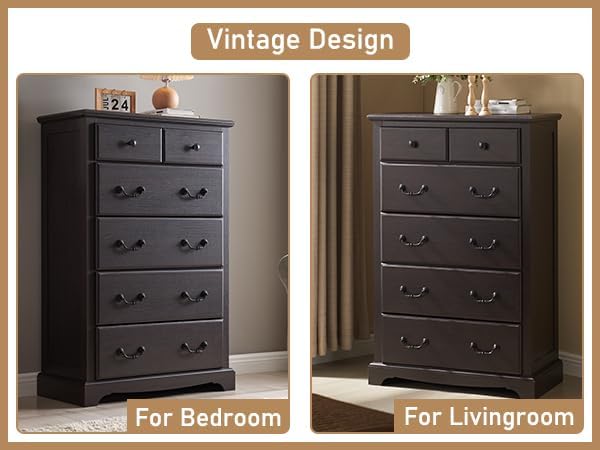 RedLemon 48" Tall Dresser for Bedroom, Modern 6 Drawers Dresser with Vintage Styles Pulls, Wood Rustic Closet Chest of Drawers for Living Room, Hallway, Espresso