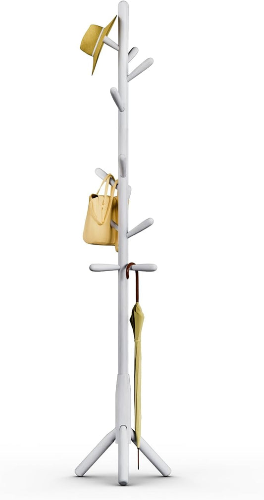 Solid Wood Coat Rack, Freestanding Tree-Shaped Coat Rack with 11 Hooks, Main Pole 1.6" dia for Clothes, Hat Stand Used in Bedroom/Office/Entryway (3-Leg Base, White)