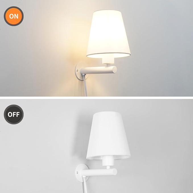 White Plug in Wall Sconces Set of Two, Wall Lamp with Plug in Cord On/Off Switch, White Bedroom Sconces Set of 2 Plug in, Bedside Wall Mounted Light with Fabric Linen,Wall Decor for Living Room