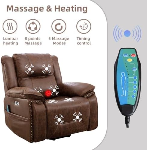 Phoenix Home Dual Motor Power Lift Chair for Elderly, Lift Chairs with Massage and Heat, Faux Leather Electric Chairs for Adults, Recliner Chair with USB, 2 Concealed Cup Holderss, Chestnut Brown