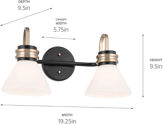 Farum 19.25 Inch 2 Light Vanity Light with Opal Glass in Black with Champagne Bronze Accents, Damp Rated, for Bathroom, Over Vanity, or Jack and Jill Layout (19.25" W x 9.5" H x 9.5" Ext.) 55154BK