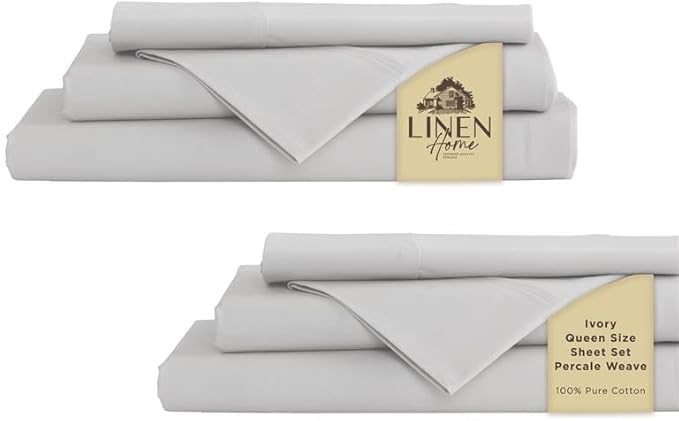 Linen Home 100% Cotton Percale Sheet Set Pack of 2, Queen Size, Silver, Deep Pocket, 8 Pieces Set - 2 Flat, 2 Deep Pocket Fitted Sheet and 4 Pillowcases, Crisp Cool and Strong Bed Linen