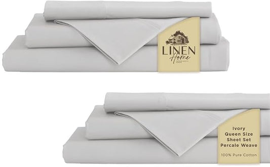 Linen Home 100% Cotton Percale Sheet Set Pack of 2, Queen Size, Silver, Deep Pocket, 8 Pieces Set - 2 Flat, 2 Deep Pocket Fitted Sheet and 4 Pillowcases, Crisp Cool and Strong Bed Linen