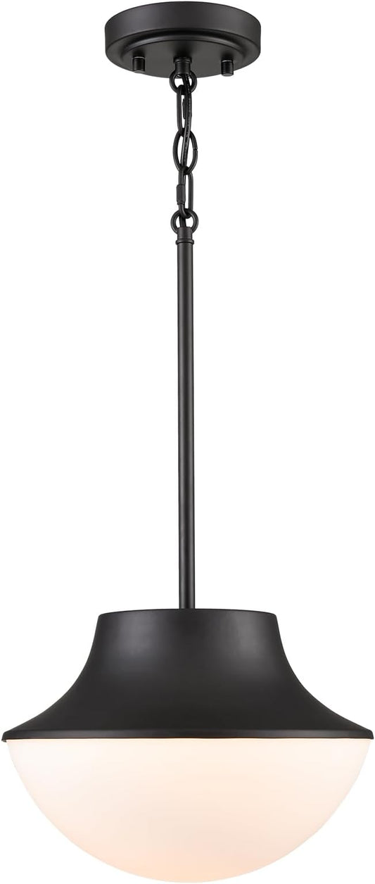 Mid Century Farmhouse Pendant Lighting for Kitchen 11.02" Matte Black Pendant Lights Kitchen Island with Milk Glass White Bowl Shade Over Sink Bathroom Dining Room Foyer……