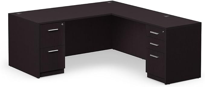 NBF at Work Reversible 66" W L-Shaped Executive Office Desk - Durable Laminate Computer Desk with Lockable Two Drawers - Modern Desk with Storage and File Cabinet - Office Work Desk, Brown