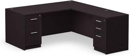 NBF at Work Reversible 66" W L-Shaped Executive Office Desk - Durable Laminate Computer Desk with Lockable Two Drawers - Modern Desk with Storage and File Cabinet - Office Work Desk, Brown