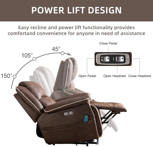 Phoenix Home Dual Motor Power Lift Chair for Elderly, Lift Chairs with Massage and Heat, Leather Electric Chairs for Adults, Recliner Chair with USB, 2 Concealed Cup Holders, Brown