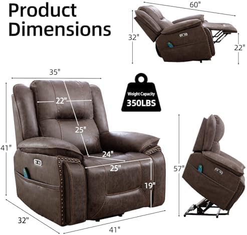 Phoenix Home Dual Motor Power Lift Chair for Elderly, Lift Chairs with Massage and Heat, Faux Leather Electric Chairs for Adults, Recliner Chair with USB, 2 Concealed Cup Holders, Smoke Gray