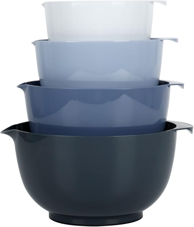 BoxedHome Nesting Plastic Mixing Bowl Set With Pour Spout, Microwave and Dishwasher Safe, BPA free Non-Slip Base, Set of 4 Size 1.7, 2.5, 3.5 and 4.5qt, Great for Prepping, Baking, Cooking (Haze Blue)