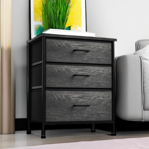 Sorbus Nightstand Dresser with 3 Faux Wood Drawers - Bedside Table Chest with Storage, Steel Frame, Wood Top, Easy Pull Fabric Bins for Bedroom, Living Room, Closet & Dorm Furniture Lamp Stand