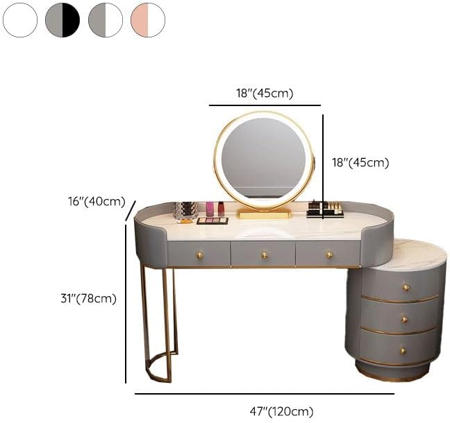 KWOKING Contemporary Make-up Vanity with Slate Stone Top & Storage Drawers Bedroom Dressing Table Storage Cabinet Integrated Table Gray Black - Makeup Vanity & Mirror & Petal Chair 47"L x 16"W x 31"H