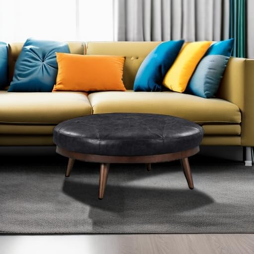 Poly & Bark Gio Ottoman – 30” Round with Feather-Down Topper – Full-Grain Leather Upholstery – Couch Ottoman for Living Room – Italian Leather in Onyx Black