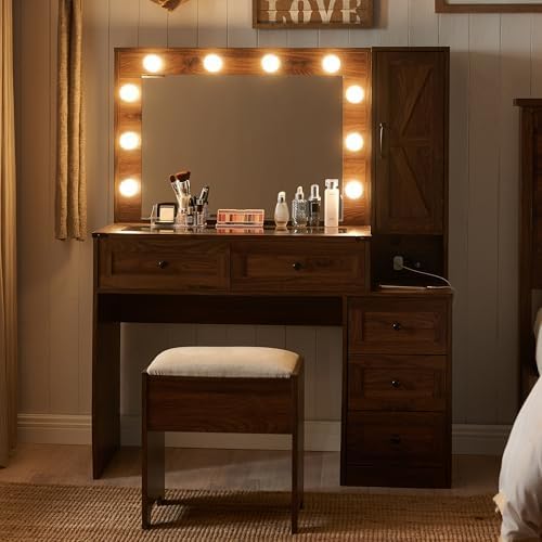 Farmhouse Vanity Desk with Mirror and Lights, 43" Wide Makeup Vanity with Glass Tabletop and Charging Station, Modern Vanity Table Set with Storage and Stool for Bedroom, Brown