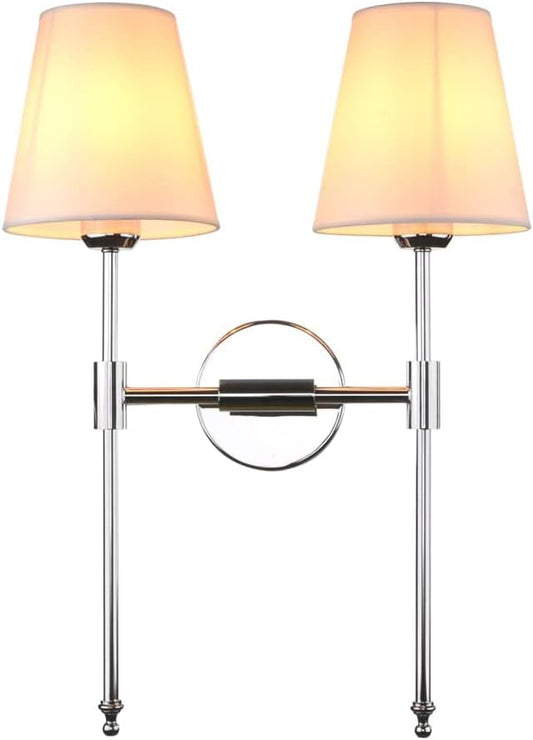PERMO Classic Rustic Double Sconce 2 Lights Wall Sconce Lighting Fixture with Flared White Textile Lamp Shade (Chrome)