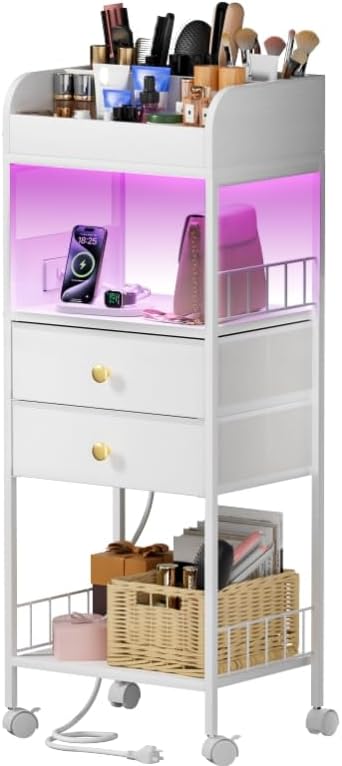 Makeup Organizer with LED Light&Charging Station, Make Up Skincare Organizers and Storage with Drawers, Vanity Cosmetics Display Cases Holder for Skin Care Nail Perfume Hair, White