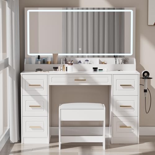 Vanity Desk with Mirror and LED Lights, 43'' W Makeup Vanity Desk with Power Outlet, 3 Color Modes, 7 Drawers Vanity Table with Chair, Dressing Table for Bedroom, Dressing Room