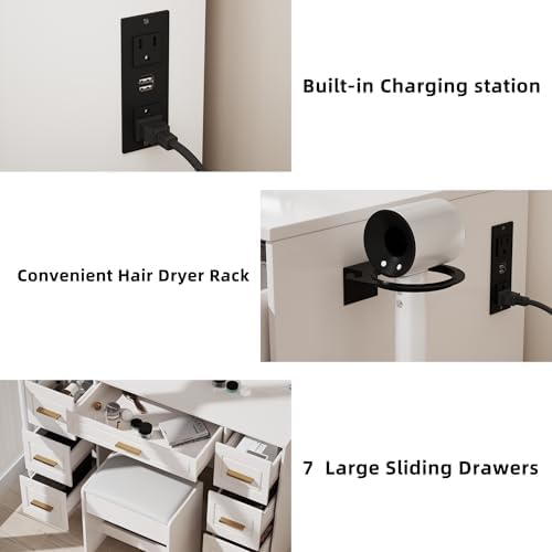 Vanity Desk with Mirror and LED Lights, 43'' W Makeup Vanity Desk with Power Outlet, 3 Color Modes, 7 Drawers Vanity Table with Chair, Dressing Table for Bedroom, Dressing Room