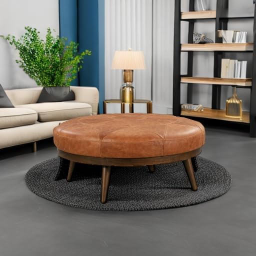 Poly & Bark Gio Ottoman – 30” Round with Feather-Down Topper – Full-Grain Leather Upholstery – Couch Ottoman for Living Room – Vintage Italian Leather in Cognac Tan