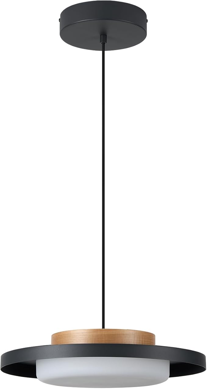 Dimmable Pendant Lights,15 inch,Natural Wood Cap,3000K/Warm White/22W,LED Pendant Light Fixtures for Kitchen, Dining Room, Living Room,Black