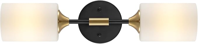 Industrial Mid Century Wall Sconce 2-Lights with White Cylinder Glass Shades Modern Bathroom Vanity Wall Lamp Matte Black and Gold Brushed Brass Finished Wall Light Fixture