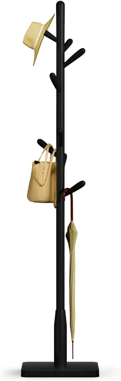 Solid Wood Square Base Coat Rack, Free Standing Hall Coat Tree with 8 Hooks（+2 spare for Coats, Hats, Bags, Purses, for Entryway, Hallway, Rubberwood Hooks,Base and Pole,(Square Base, Black)