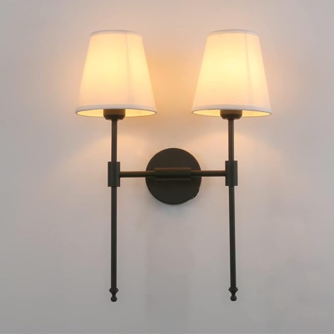 PERMO Classic Rustic Double Sconce 2-Lights Wall Sconce Lighting Fixture with Flared White Textile Lamp Shade and and Black Finished Long Arm,Wall Sconce Light Fixture for Bathroom Bedroom Bedside