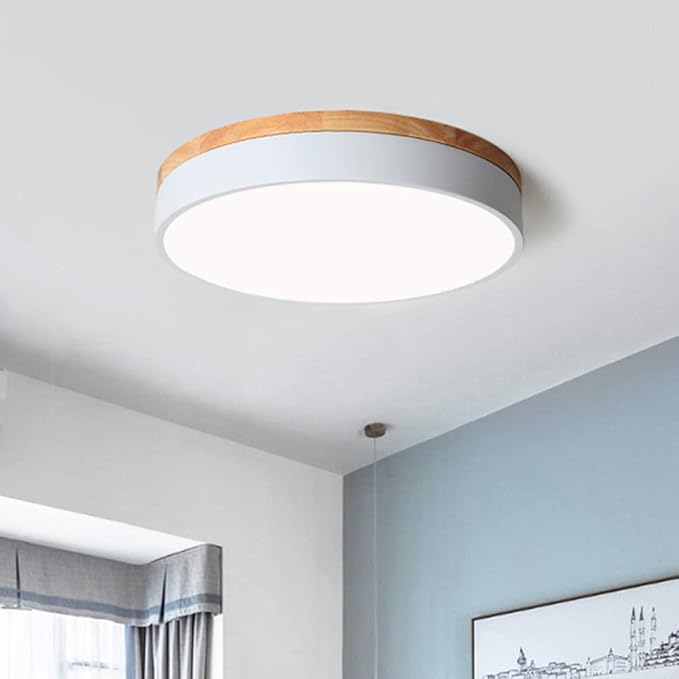 Dimmable Wood LED Flush Mount Ceiling Light, 5CCT 2700K-6000K Modern Round Close to Ceiling Lighting Fixtures, Minimalist White Ceiling Lamp for Bedroom, Kitchen, Hallway, Laundry Room