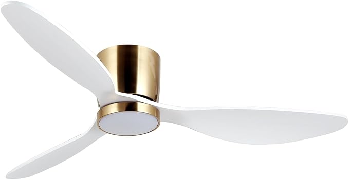 reiga 52 Inch Flush Mount White Ceiling Fan with Light Remote Control, Quiet DC Motor Low Profile 3 Wood Blade Modern Ceiling Fans for Patio Kitchen Living Room Bedroom