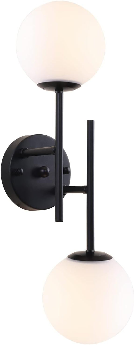 Black Globe Wall Sconces, 2-Light Modern Matte Black Vanity Lights with White Globe Glass Shade, Industrial Farmhouse Wall Lamp for Bedroom, Living Room, Kitchen, Bathroom
