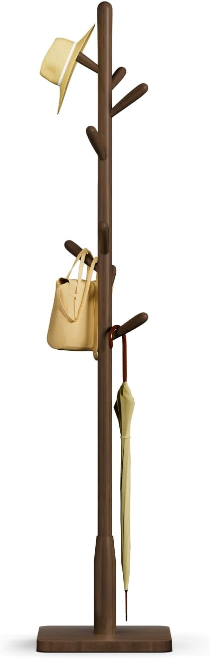 Solid Wood Square Base Coat Rack, Free Standing Hall Coat Tree with 8 Hooks（+2 spare) for Coats, Hats, Bags, Purses, for Entryway, Hallway, Rubberwood Hooks,Base and Pole,(Square Base, Dark Walnut)