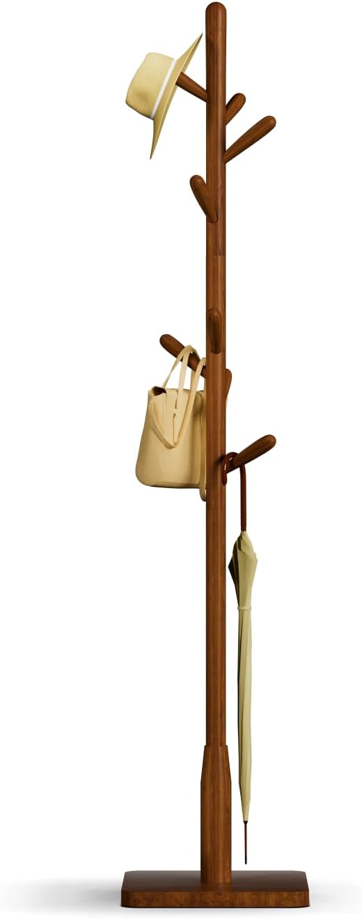 Solid Wood Square Base Coat Rack, Free Standing Hall Coat Tree with 8 Hooks（+2 spare for Coats, Hats, Bags, Purses, for Entryway, Hallway, Rubberwood Hooks,Base and Pole,(Square Base,Brown)