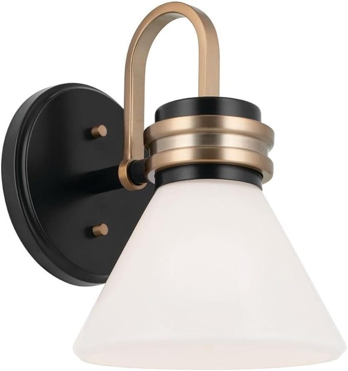 KICHLER Farum 1-Light Wall Sconce, Modern Light with Opal Glass in Black with Champagne Bronze, Damp Rated, for Entryway, Near Fireplace, Kitchen, Bedroom, or Hallway (9.5" x 7.25"), 55153BK