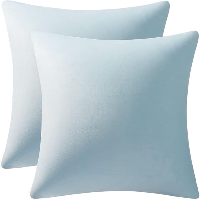 DEZENE Throw Pillow Cases 16x16 Light-Blue: 2 Pack Cozy Soft Velvet Square Decorative Pillow Covers for Farmhouse Home Decor