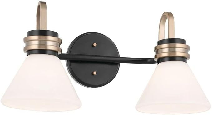 Farum 19.25 Inch 2 Light Vanity Light with Opal Glass in Black with Champagne Bronze Accents, Damp Rated, for Bathroom, Over Vanity, or Jack and Jill Layout (19.25" W x 9.5" H x 9.5" Ext.) 55154BK