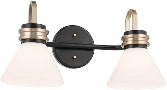 Farum 19.25 Inch 2 Light Vanity Light with Opal Glass in Black with Champagne Bronze Accents, Damp Rated, for Bathroom, Over Vanity, or Jack and Jill Layout (19.25" W x 9.5" H x 9.5" Ext.) 55154BK