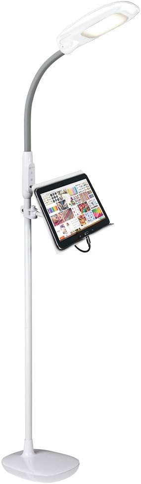 OttLite LED Floor Lamp with USB Port & Tablet Stand – Modern White Design, ClearSun LED Standing Light, USB Charger, Touch Activated Controls, for Crafting, Reading, Work